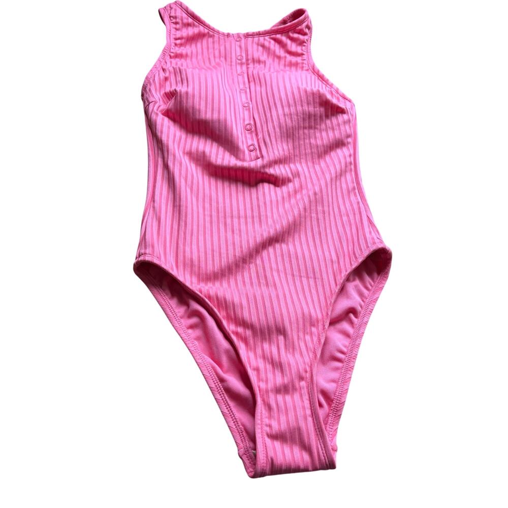 Shade & Shore Ribbed Pink One Piece Swimsuit XS High Neck Racerback High Leg